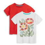 Two kids' graphic tees, one red and one white with a floral print.