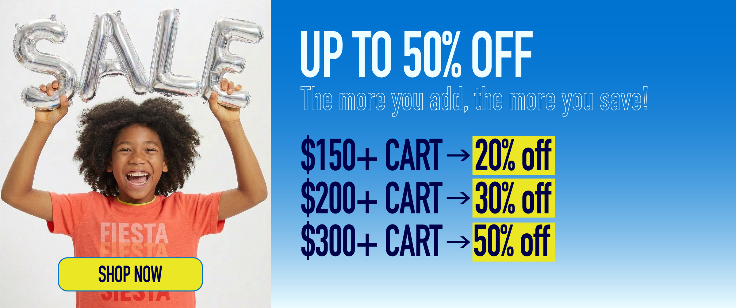 Promotional banner with a child holding 'SALE' balloons and discount information on a blue background.