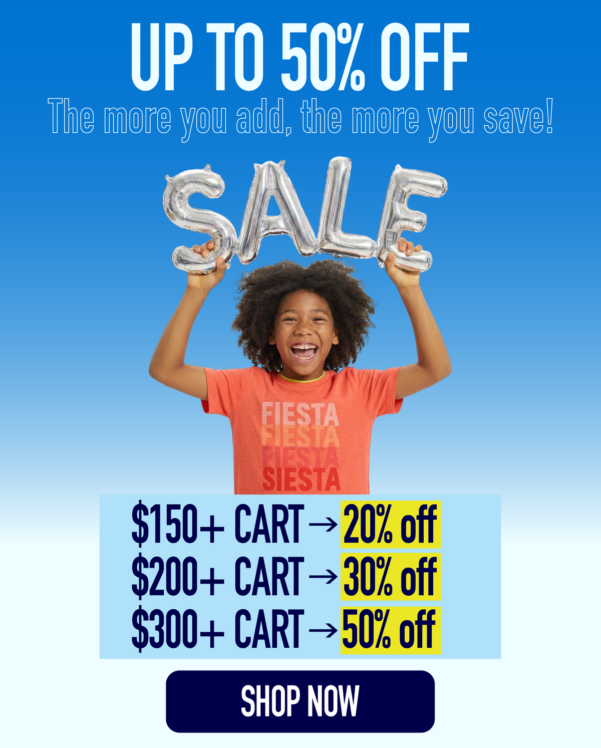 Promotional advertisement with a child holding 'SALE' balloons against a blue sky, featuring discount information.