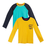Two long-sleeve kids' shirts, one yellow with a tiger print pocket and one teal with navy blue sleeves