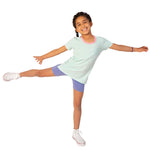 girls wearing a blue striped tee and purple bike shorts on a white background.