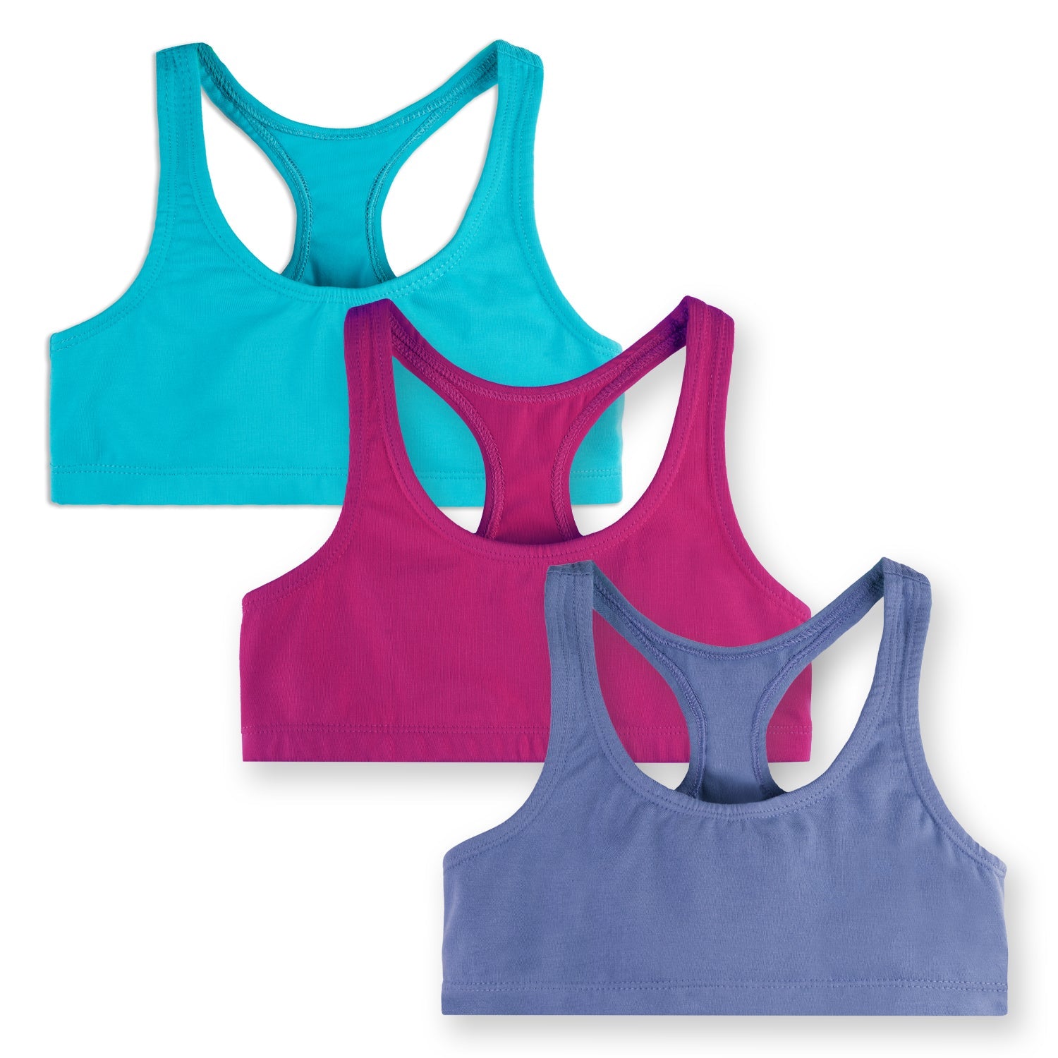 Three girls' racerback sports bras in blue, pink, and purple colors, laid out flat.